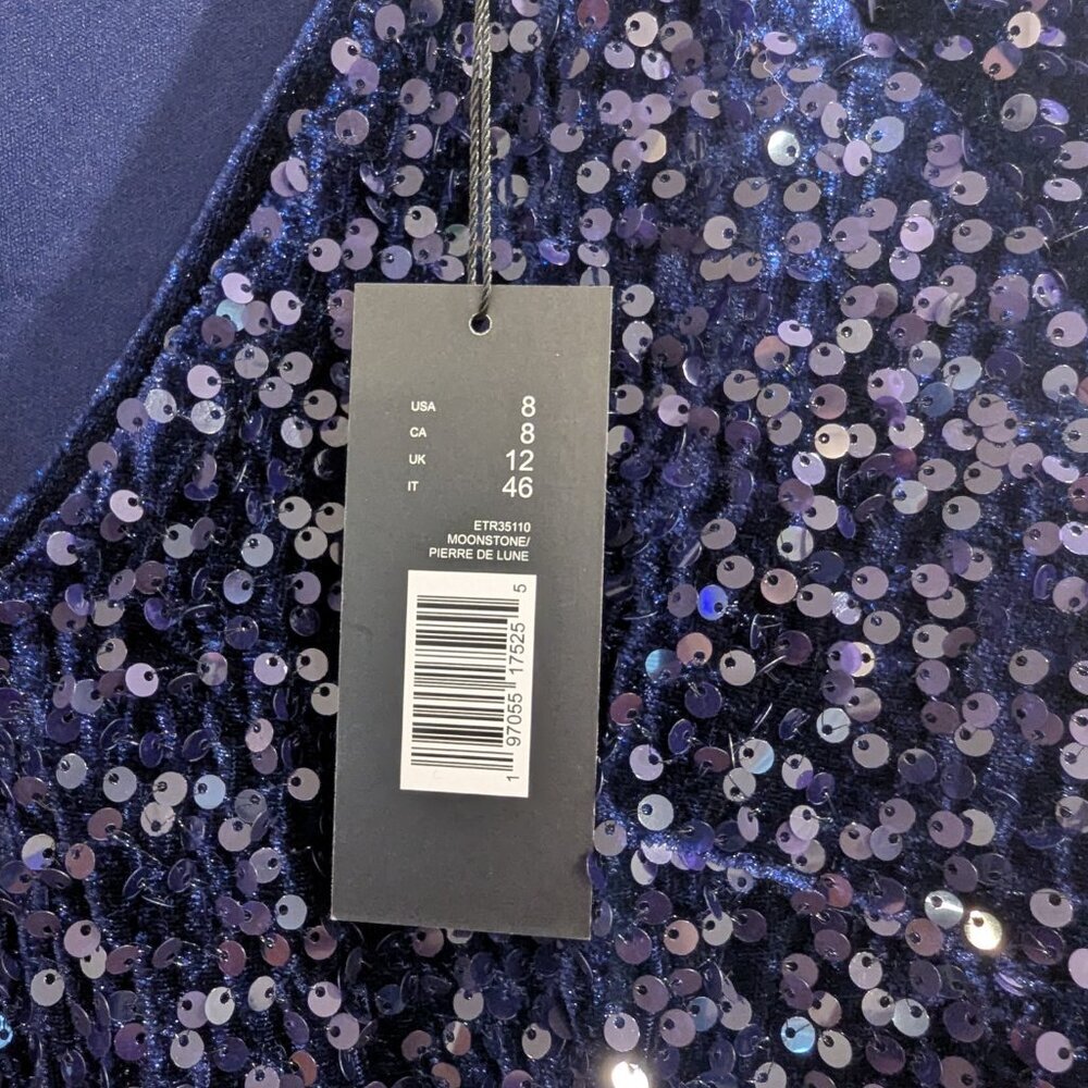 ELIE TAHARI Nwt Chenille Velvet Sequin Dress 8 Midnight Blue Blouson The Robin - Picture 11 of 12